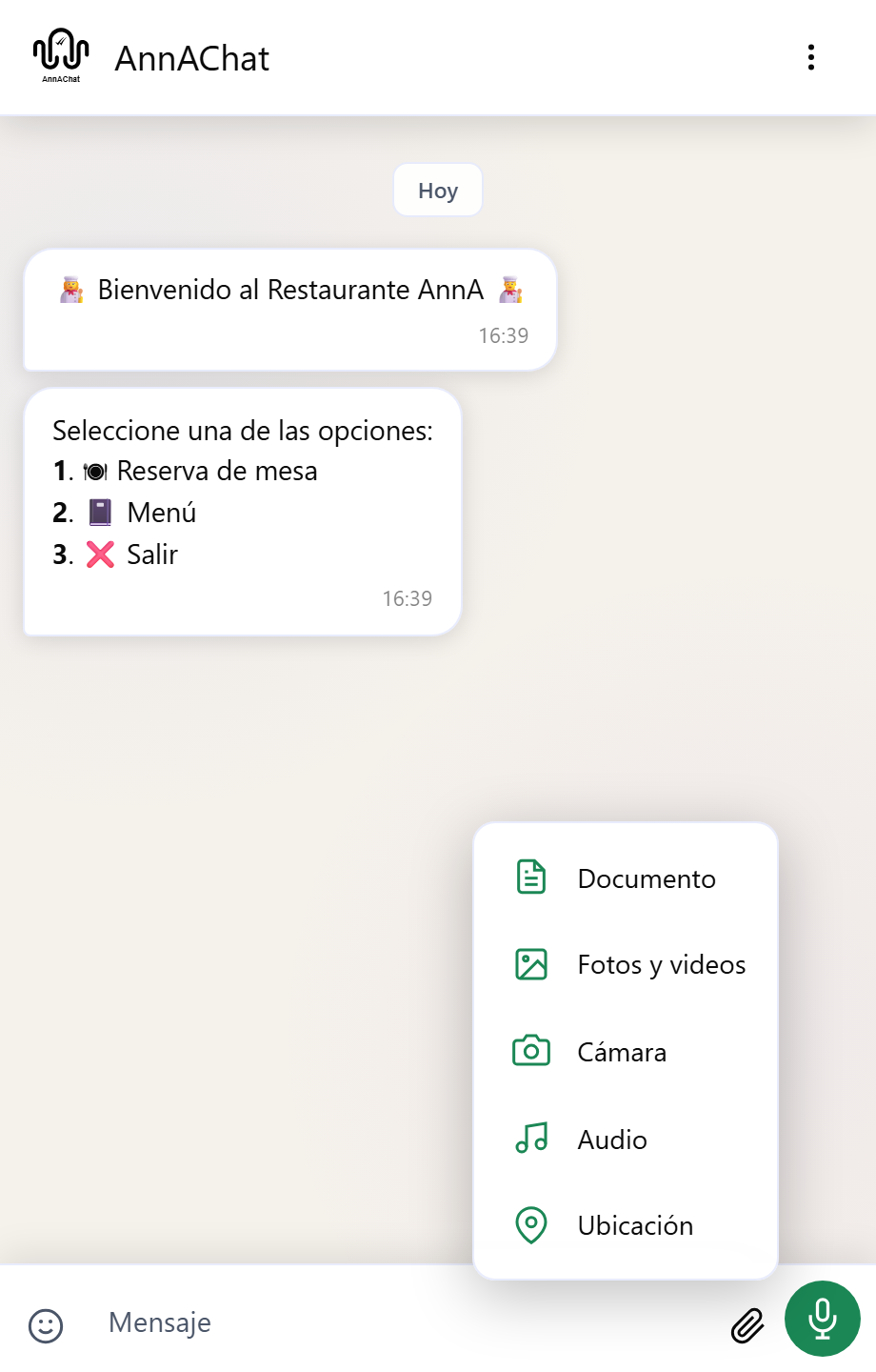 Menú de adjuntos abierto.
