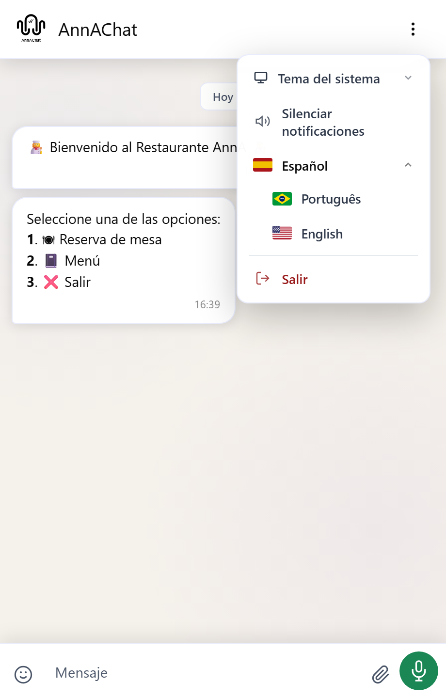 Elección del idioma en el menú.