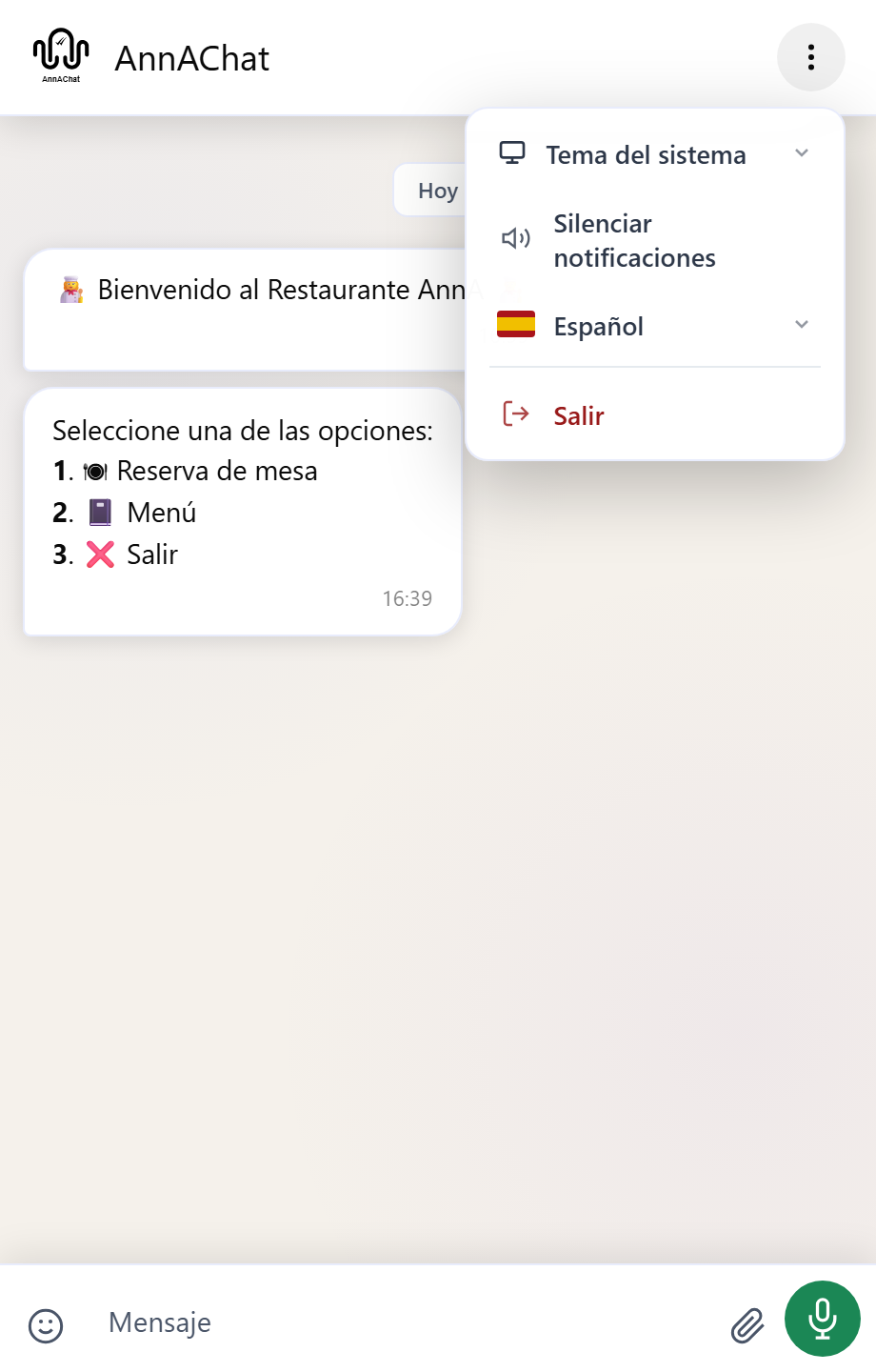 Menú del chat abierto.