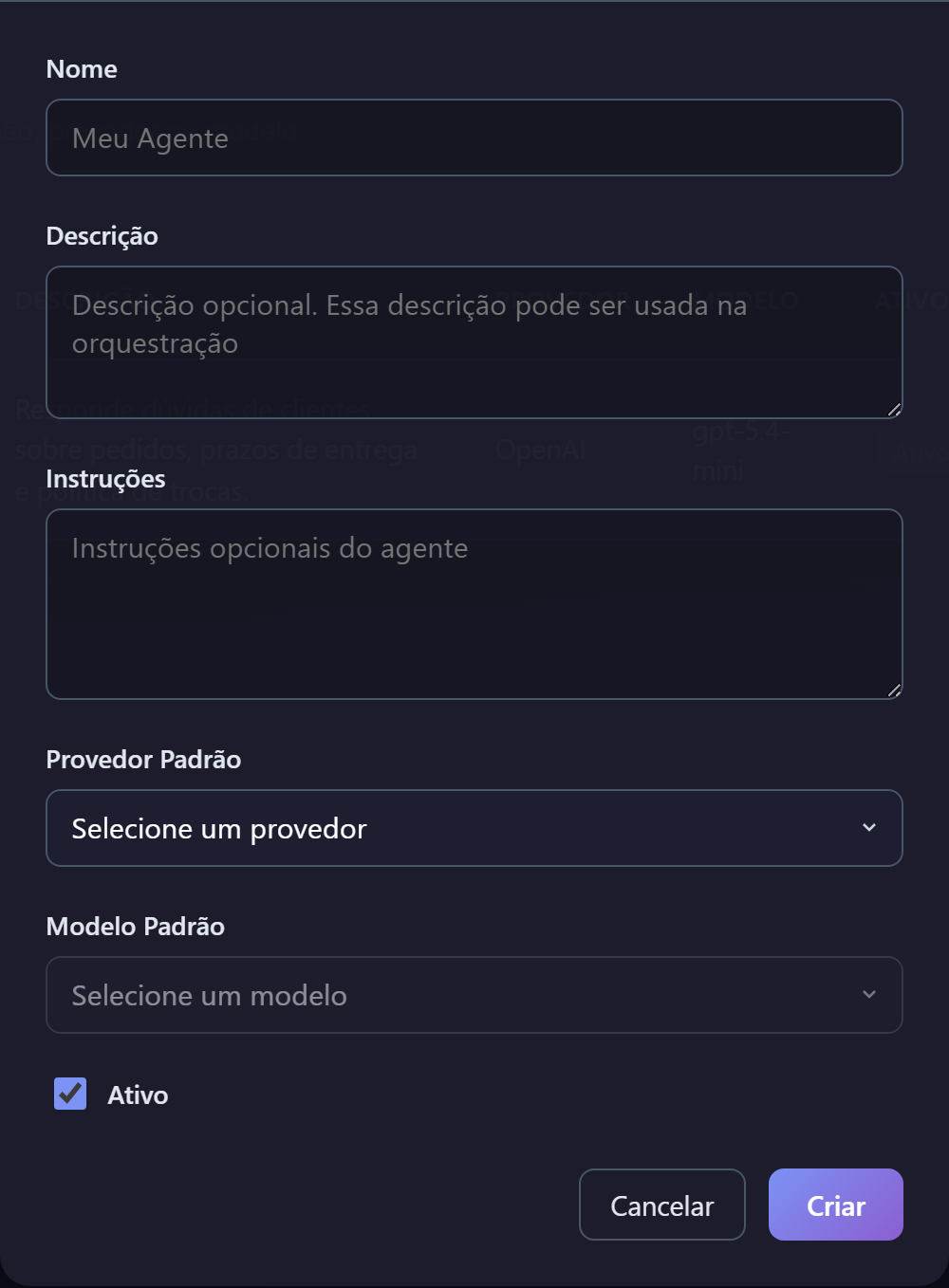 Formulário de criação de agente.