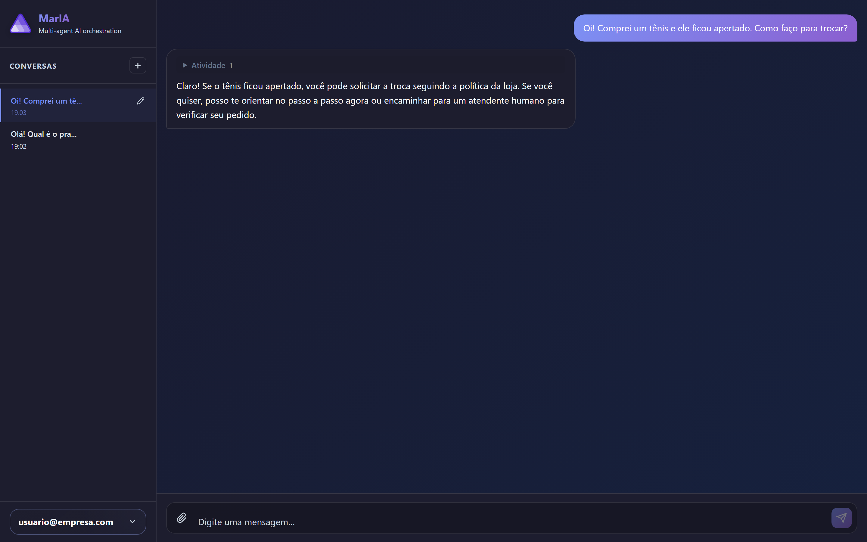 Janela de chat de uma solução.