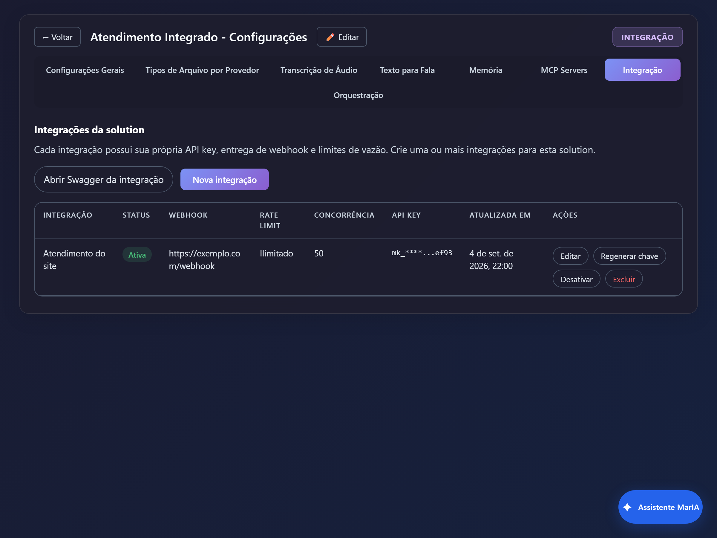 Lista de integrações da solução.