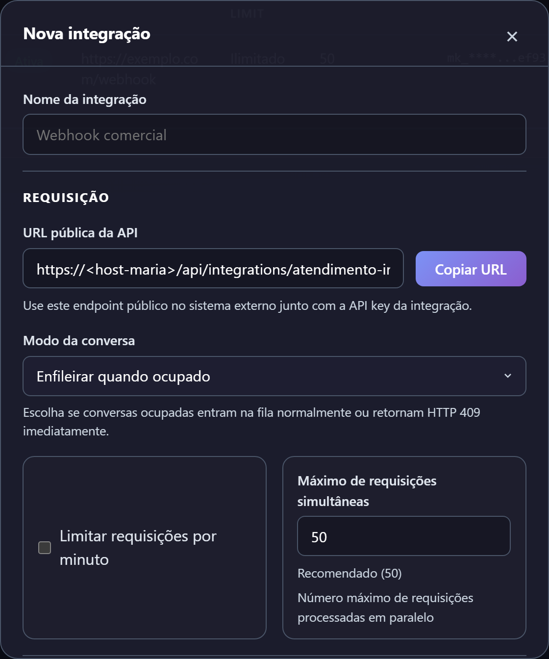 Formulário de nova integração.