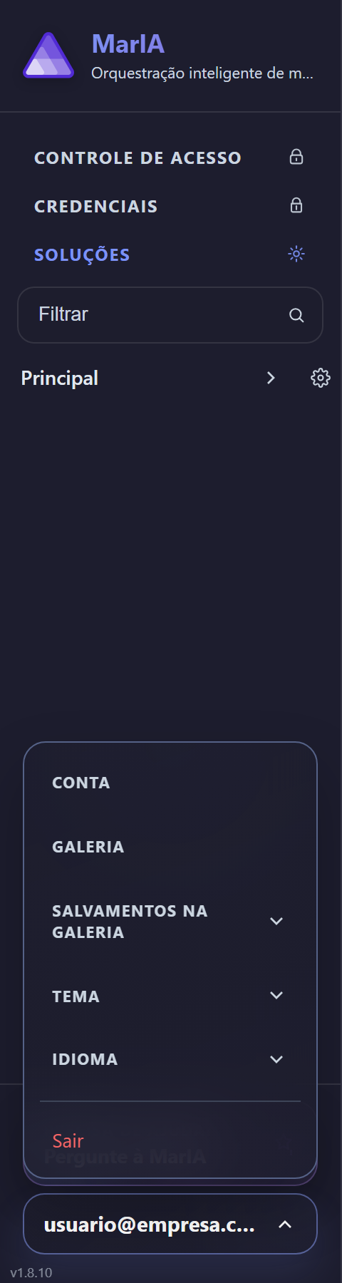 Menu da conta.