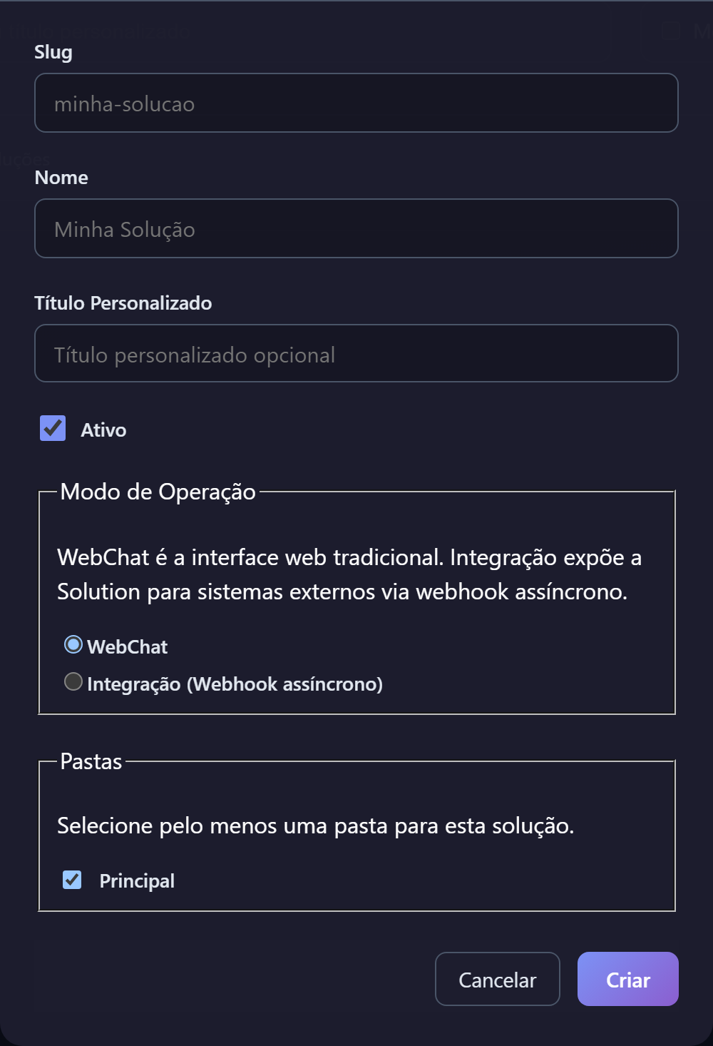 Formulário Criar Solução.