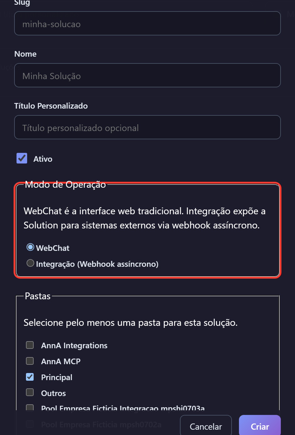 Escolha do modo de operação.