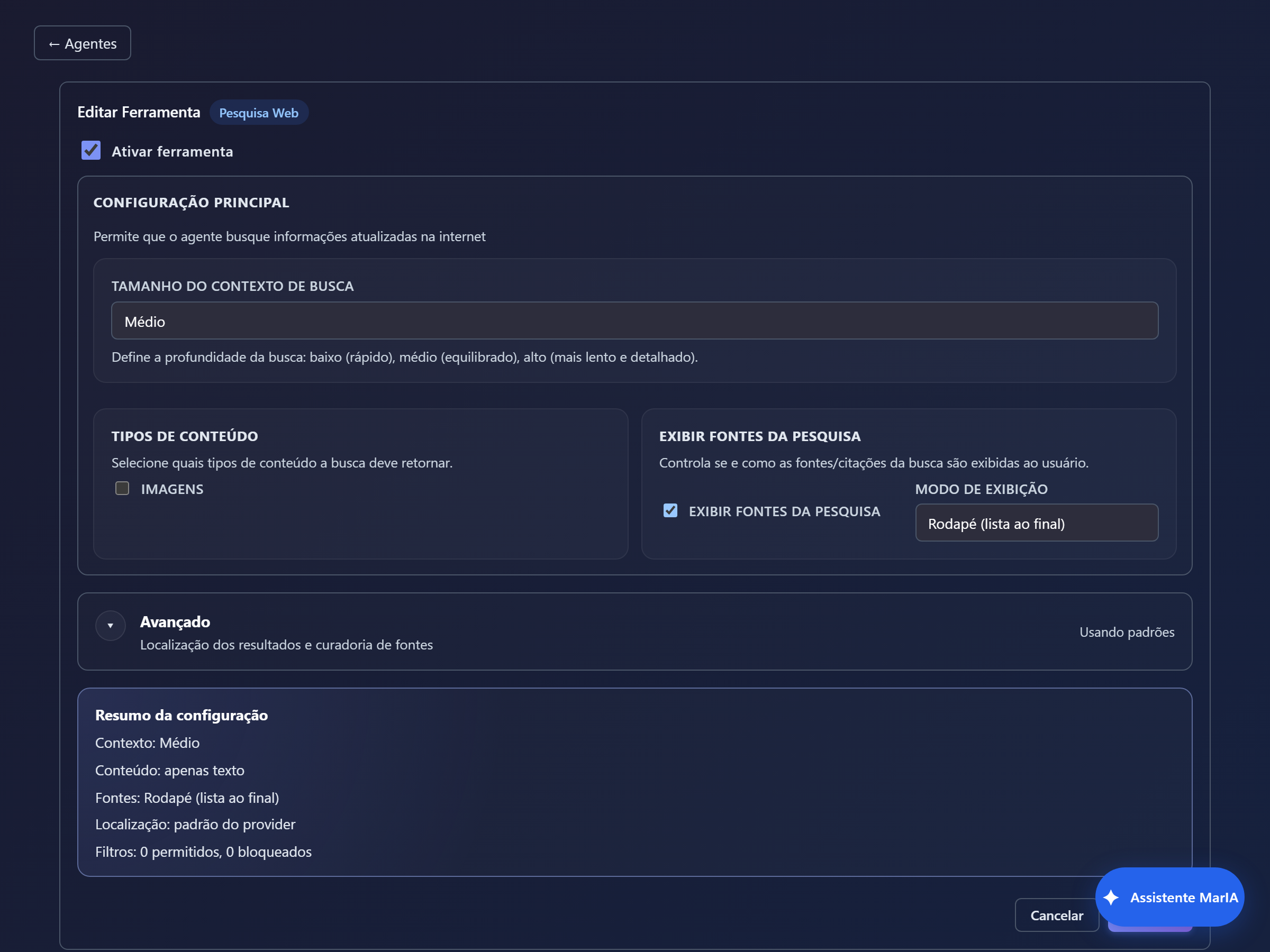 Configuração da ferramenta Pesquisa Web.